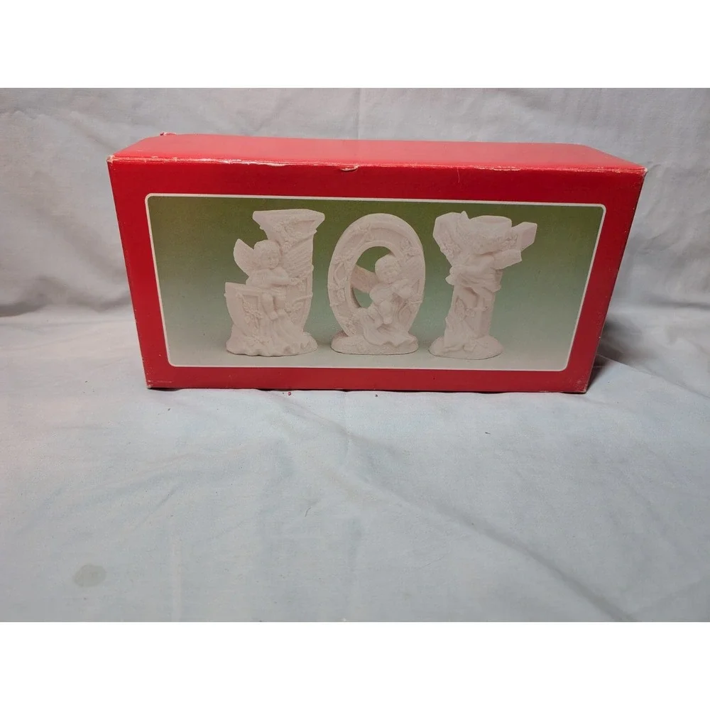 Vintage Angel Cherubs JOY Candle Stick Holders J‎ O Y 3 pc Set Ceramic White